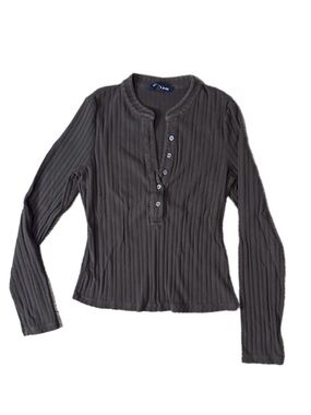Veronica Beard Brown Ribbed Long-Sleeve Henley Top